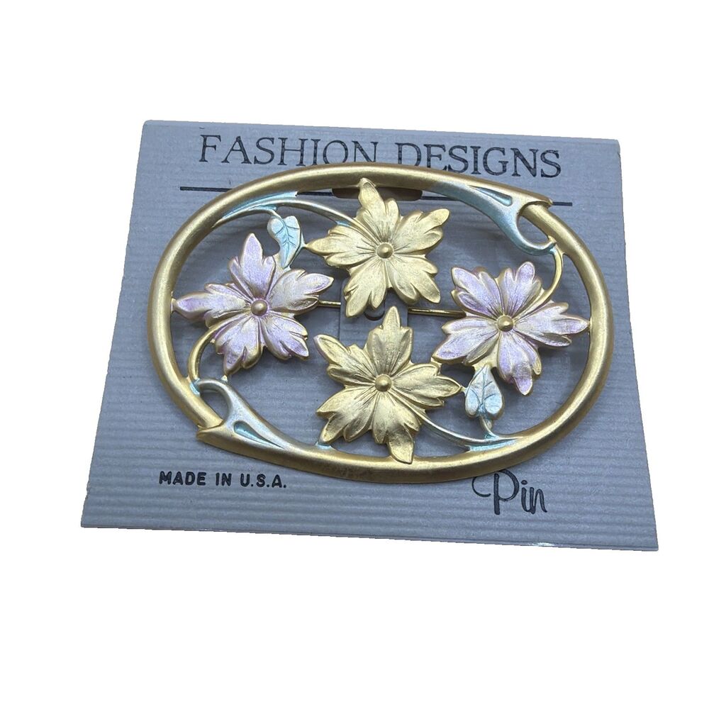 Vintage 80's Flower Design Pin/Brooch Gold-Tone Pink Green Leaf Made In USA NWT